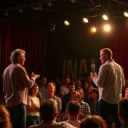 Des acteurs en pleine improvisation théâtrale, créant une scène comique sur scène devant un public.