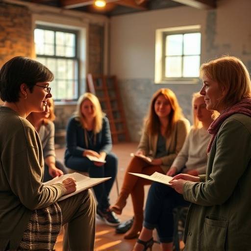 Des participants à un atelier d'écriture dramatique, travaillant sur leurs textes et échangeant des idées.