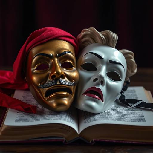 Deux masques de théâtre, un représentant la comédie et l'autre la tragédie, posés sur un livre.