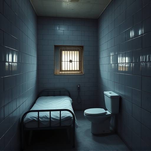 Fotografía de una celda de máxima seguridad con una cama de metal, un inodoro y una pequeña ventana protegida