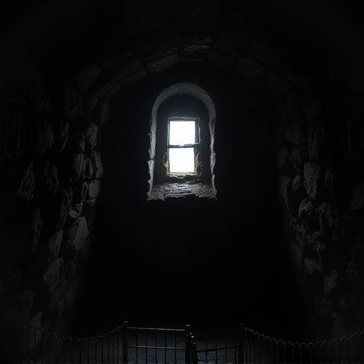 Fotografía de una celda medieval oscura y hümeda con muros de piedra y una pequeña abertura como ventana.