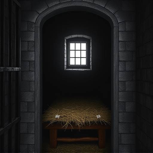 Imagen de una celda de prisión histórica, mostrando paredes de piedra, una cama de paja y una pequeña ventana enrejada.
