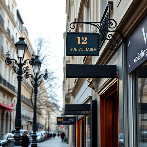Panneau indiquant l'adresse de l'Académie de Théâtre Lumière au 12 rue Voltaire, Paris