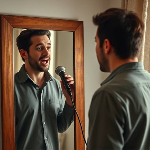 Un acteur effectuant des exercices d'échauffement vocal devant un miroir.