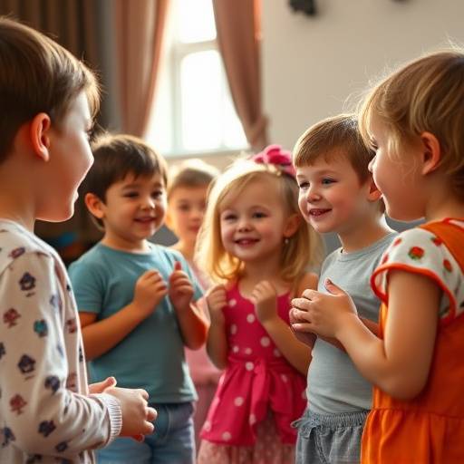 Un groupe d'enfants participant à un atelier de théâtre, jouant des scènes et s'amusant.