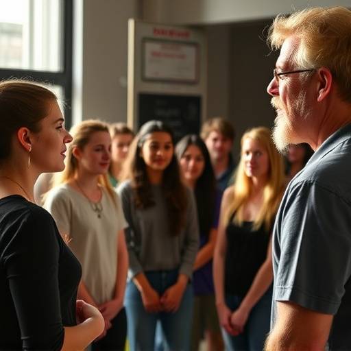 Un groupe d'étudiants débutants en théâtre participant à un exercice d'improvisation sous la direction d'un instructeur.