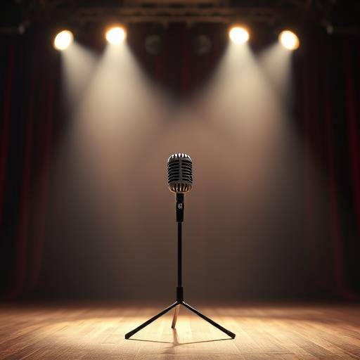 Un microphone sur une scène de théâtre éclairée, symbolisant l'opportunité offerte aux candidats lors des auditions.