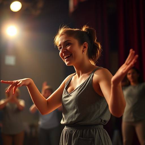 Une actrice pratiquant des mouvements expressifs sur scène lors d'un cours de mouvement et d'expression corporelle.