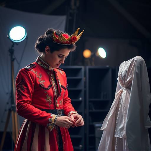 Une costumière travaillant sur un costume de scène dans un atelier.